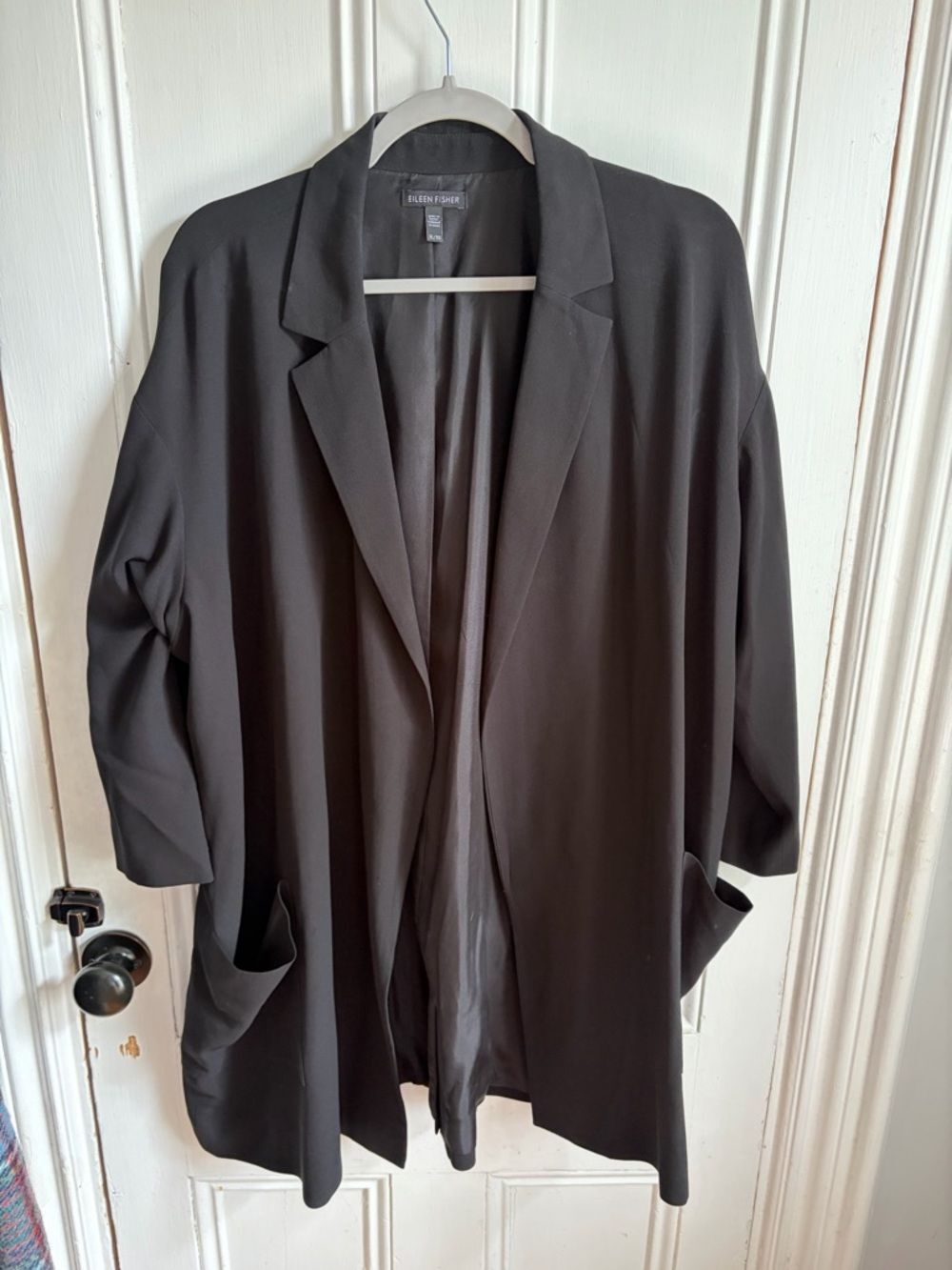 Eileen Fisher Black 100% Silk Open Front Blazer XL Longline Relaxed Lined